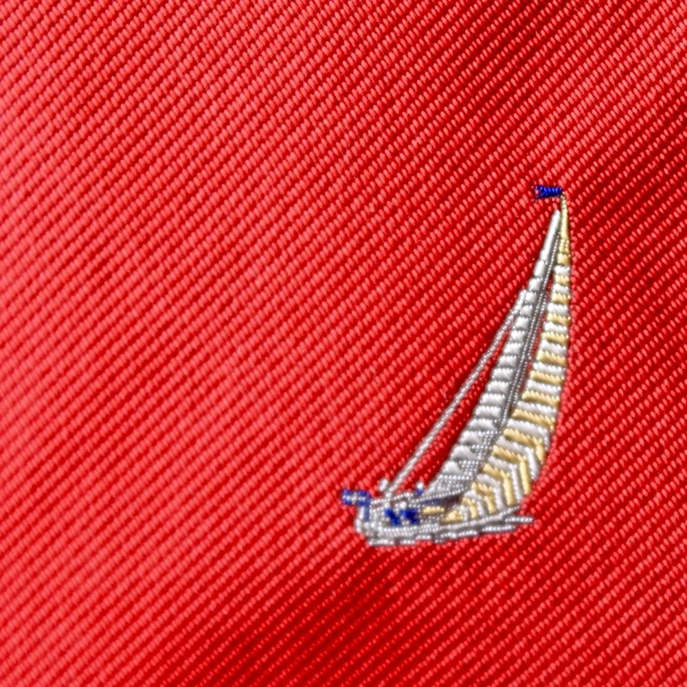 JACOBS ROBERTS LTD MENS TIE RED 100% SILK VINTAGE SAILBOATS HAND SEWN